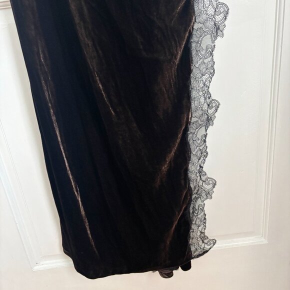 Jen Ceballos x Mango Dress Brown Velvet Black Lace Trim Maxi Long Wedding Guest - Picture 11 of 16